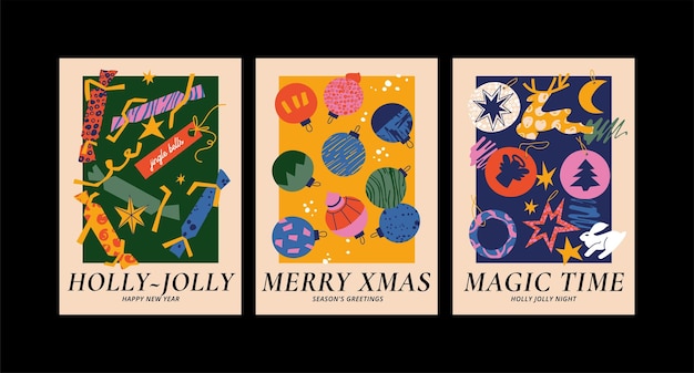 Vector set of Christmas greetings art posters with different traditional decoration in contemporary modern trendy style