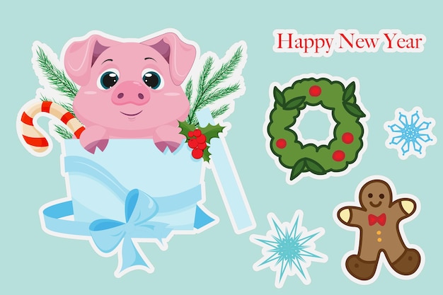 Vector set of Christmas stickers with a pig in a gift box