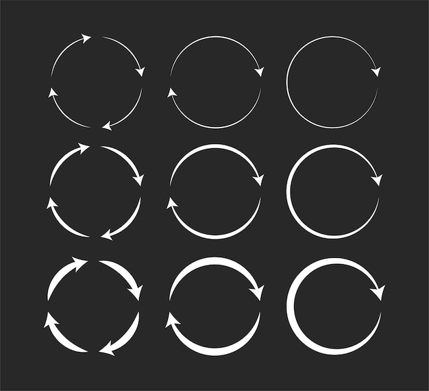 Vector set of circle arrows isolated on black background. Rotate arrow and spinning loading symbol.