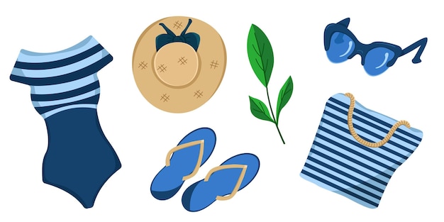 Vector set of clothes and accessories for the beach in a nautical style Summer beach fashion