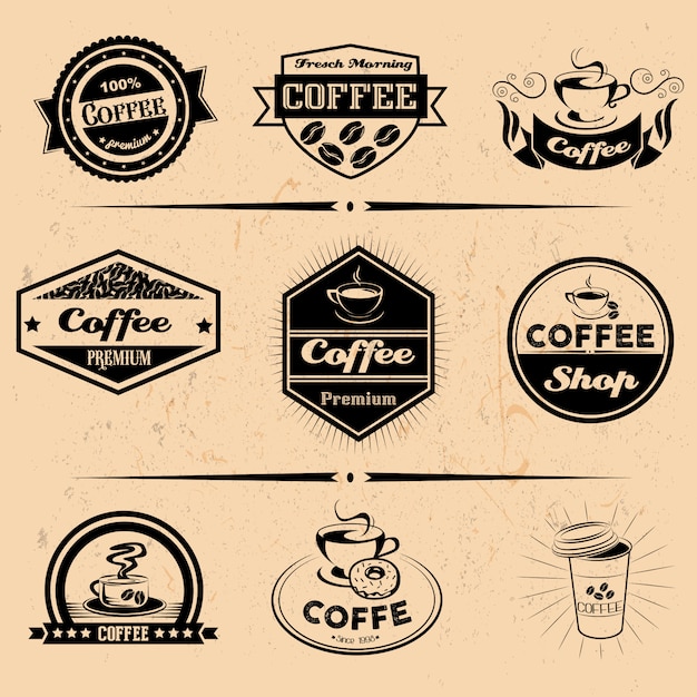 Vector set of coffee labels, design elements, emblems and badges. Isolated logo illustration in vintage style. Templates collection.