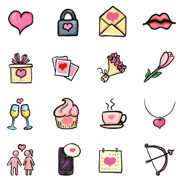 Vector Set of Color Doodle Icons Valentine Day Symbols