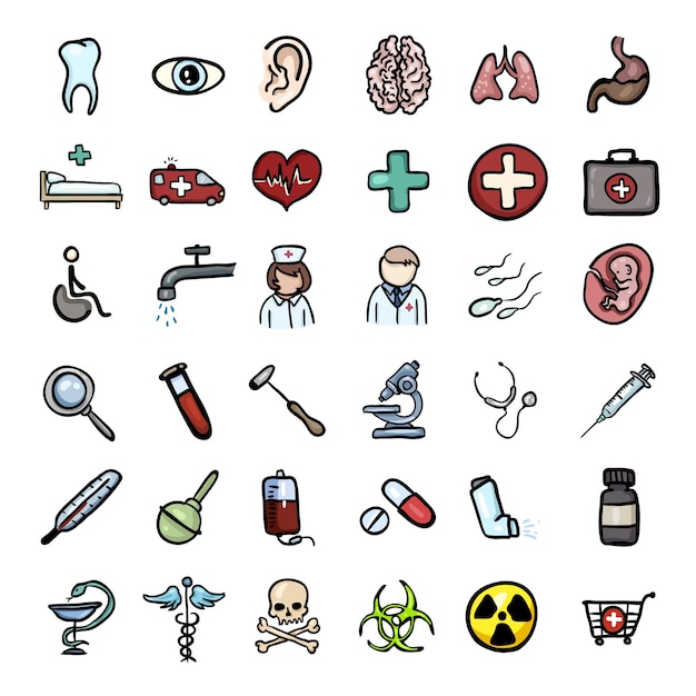 Vector Set of Color Doodle Medical Icons