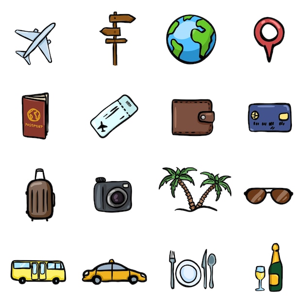 Vector Set of Color Doodle Travel and Vacation Icons