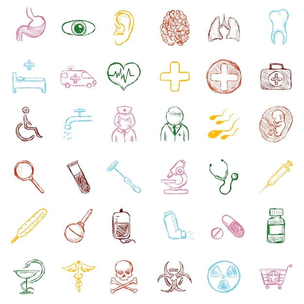 Vector Set of Color Sketch Medical Icons