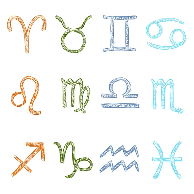 Vector Set of Color Sketch Zodiac Signs