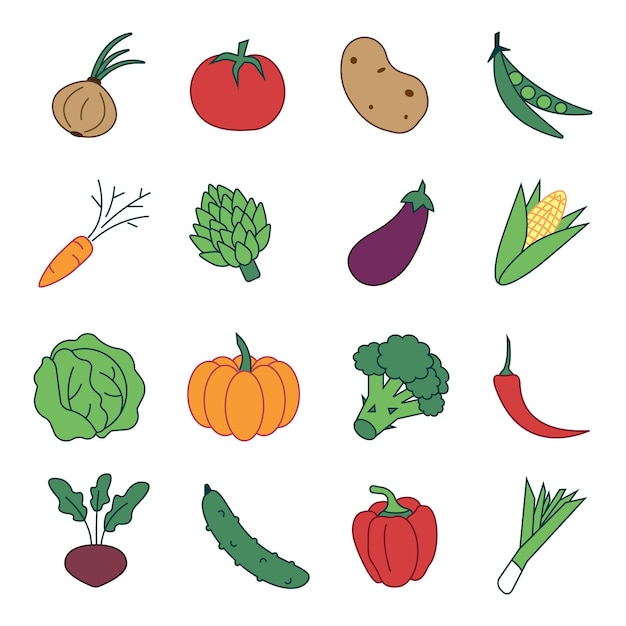 Vector set colored food icons vegetables, potato, beetroot, onion, artichoke, cabbage, pea, and more