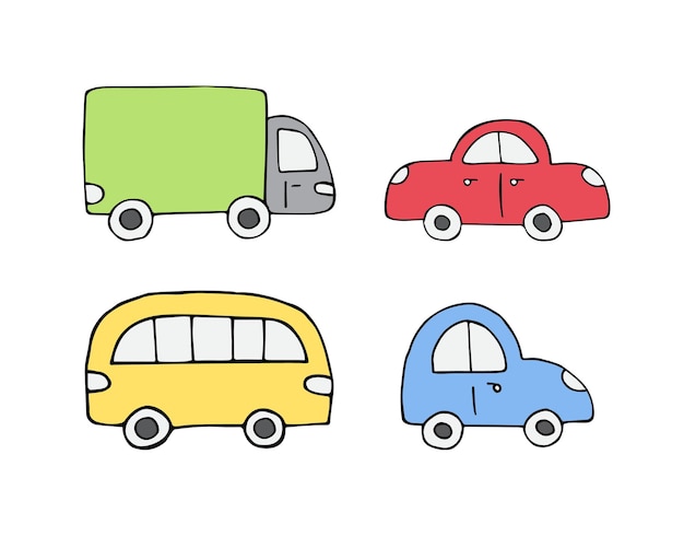 Vector set of colored hand drawn car