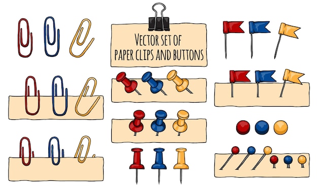 Vector set of colored paper clips buttons and fasteners for papers and stationery