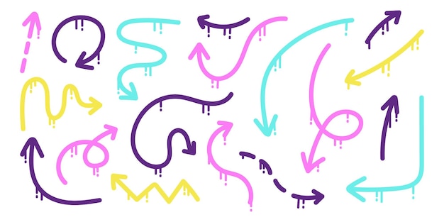 Vector set of colorful arrows made from spray paint Graffiti spray arrows collection Illustration of graffiti arrows with paint splashes