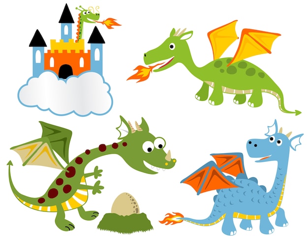 Vector set of colorful dragon with castle