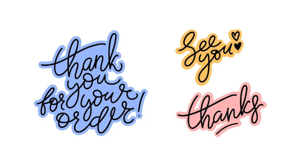 Vector vector set of common words for social media modern calligraphy phrases such as thank you for your order see you thanks designs for web prints banners