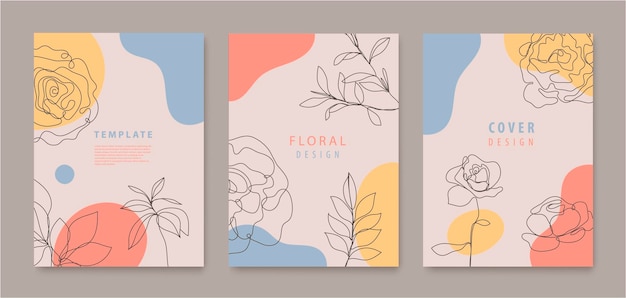 Vector set of continuous line flowers leaves covers banners posters cards social media stories flyers design templates Trendy design with waves pastel colors