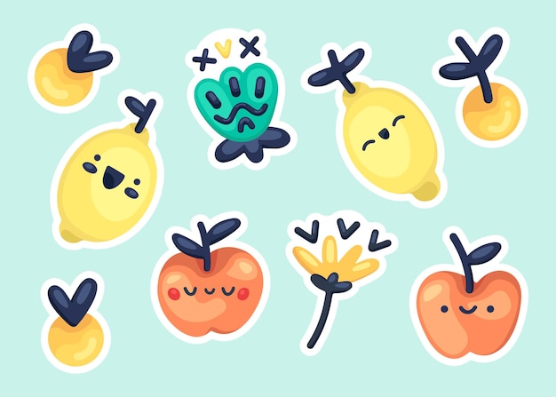 Vector set of cool kawaii icons. Stickers with lemons, apples, flowers for print, textiles, decor