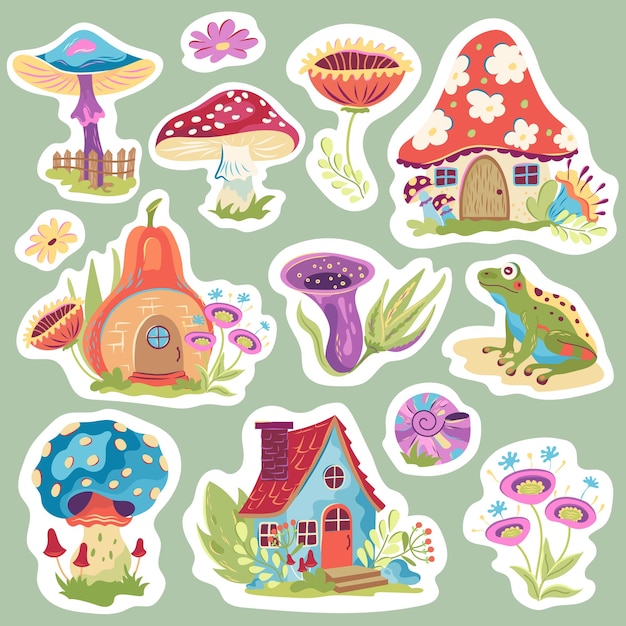 Vector vector set of cottagecore mushrooms and flowers stickers frog fly agaric fungi fairy tale houses