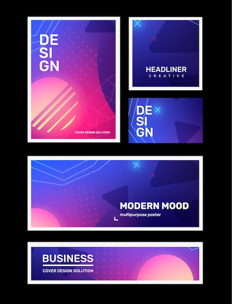 vector set of creative pink and blue abstract different retro illustration in frame with neon planet