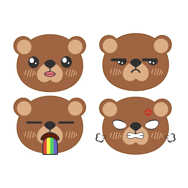 Vector set of cute brown bear face stickers Isolated on white background