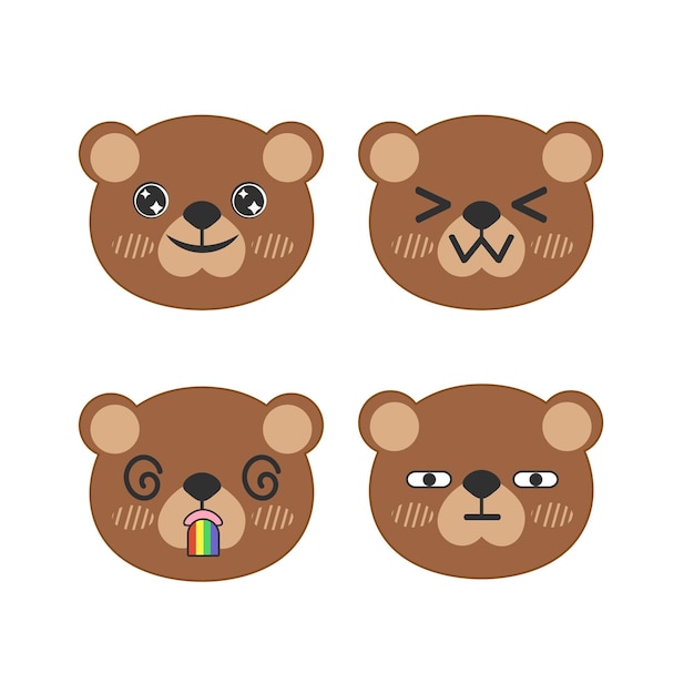 Vector set of cute brown bear face stickers Isolated on white background