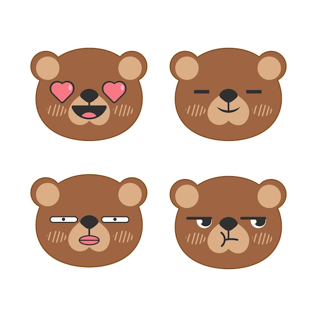 Vector set of cute brown bear face stickers Isolated on white background