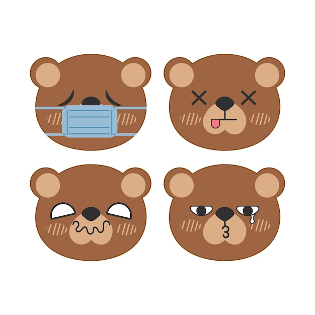 Vector set of cute brown bear face stickers Isolated on white background