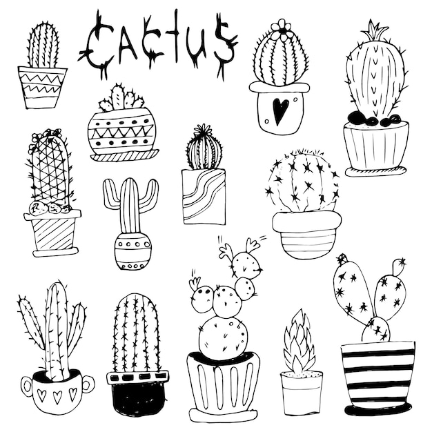 Vector set of cute cactus doodles in pots