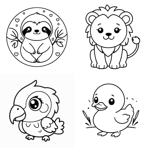 Vector set of cute cartoon animals Coloring book for children