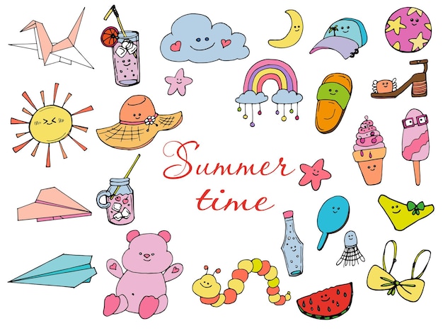 vector set of cute cartoon doodle summer element sticker clipart