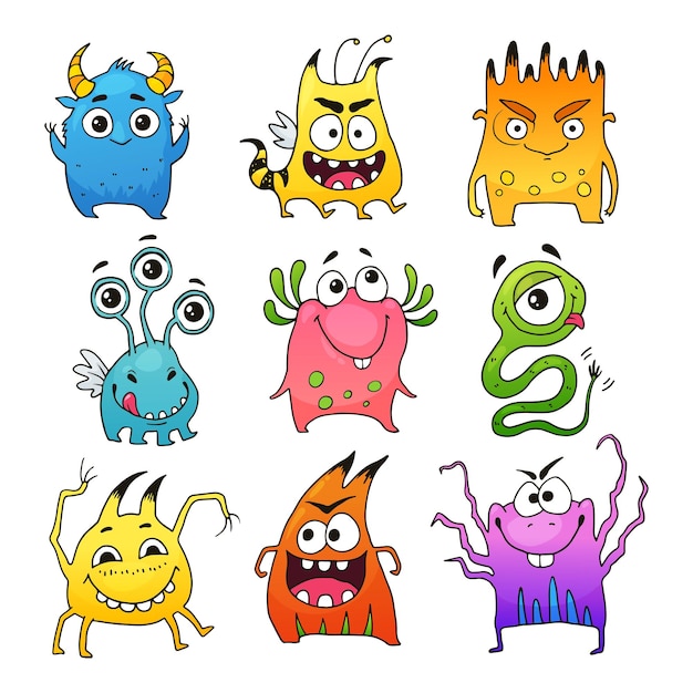 Vector set of cute cartoon monsters Funny characters in doodle style