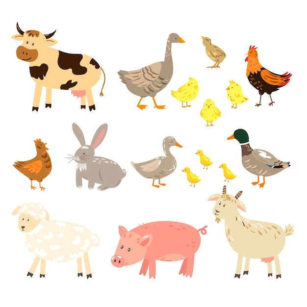 Vector set of cute farm animals and birdsxDxA