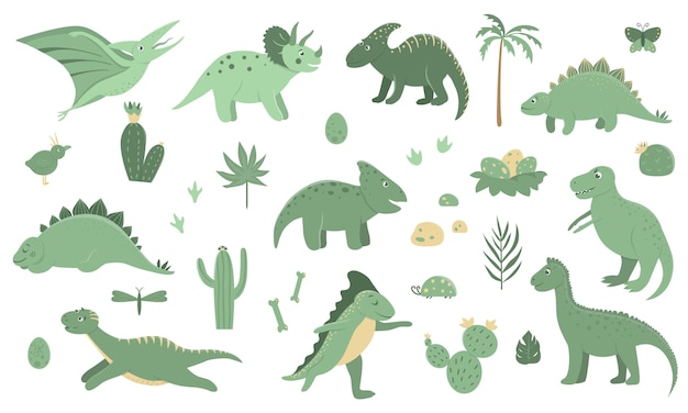 Vector set of cute green dinosaurs with palm trees, cactus, stones, footprints, bones for children.