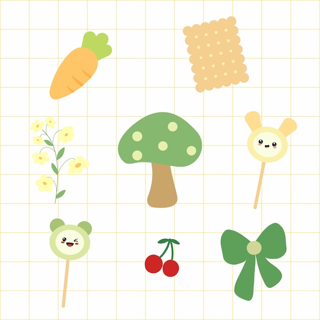 Vector Set of Cute and Kawaii Sweet Dessert Carrot Lollipop and Biscuit