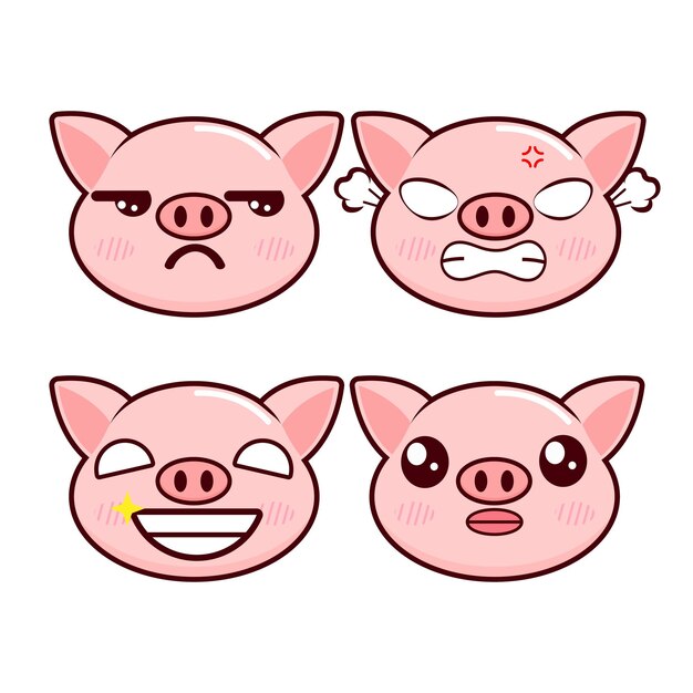 Vector set of cute Pig emoji stickers with various expressions Isolated on white background