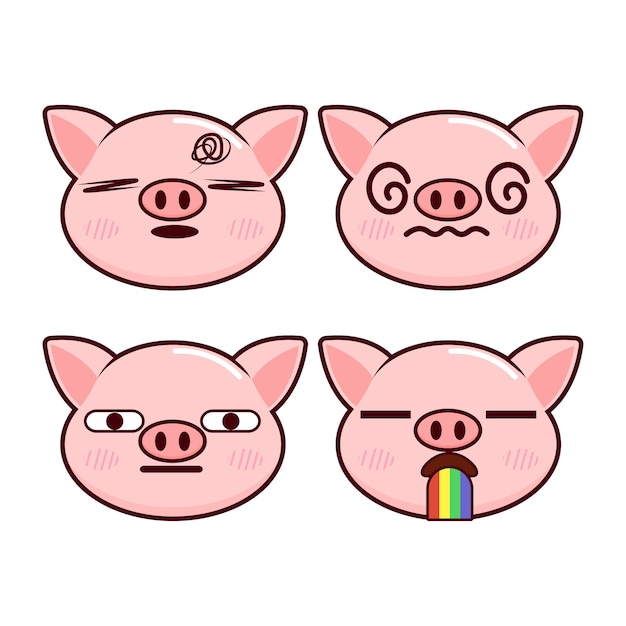 Vector set of cute Pig emoji stickers with various expressions Isolated on white background