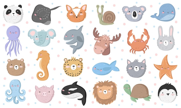 Vector set of cute poster with funny sea animal and text Postcard