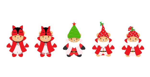 Vector  Set cute Teddy bear with different hat Tree fox and Santa Claus cloth Merry Christmas