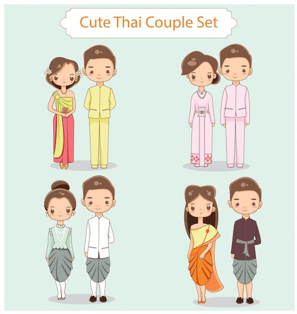 Vector vector set of cute thai couple in traditional dress