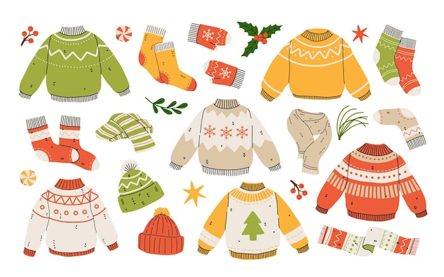 Vector vector set of cute winter clothes sweaters socks hats mittens scarf collection of ugly sweaters with norwegian ornaments