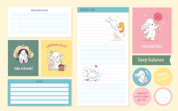 Vector set of daily calendar planner page, card, stickers design template for children. Cute hand drawn little bunny character, motivation sayings. Flat lay, pastel colors. Back to school equipment.