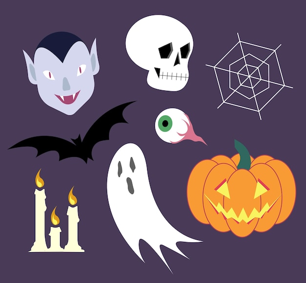 Vector set of decorative pictures for Halloween, bright stickers with ghost, pumpkin, vampire, bat