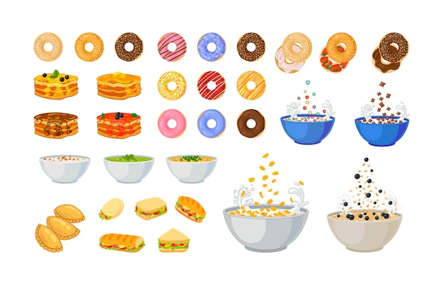 Vector Set of Different Breakfast Isolated Colorful Illustrations