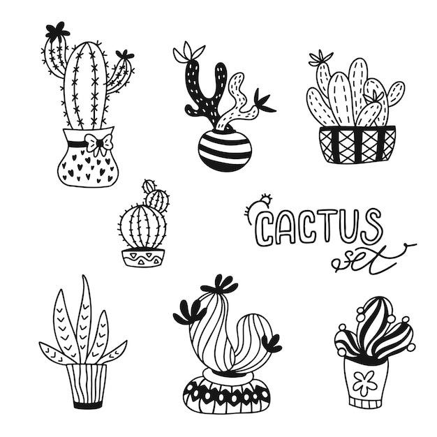 Vector set of different cactuses in a pots hand drawn in doodle style