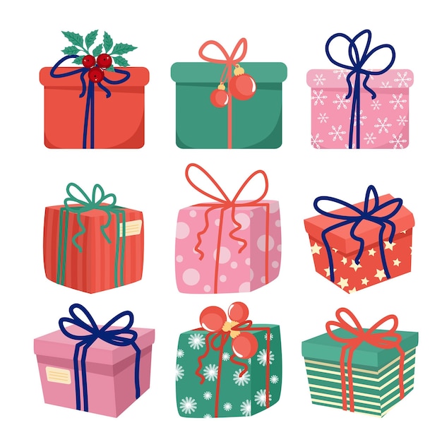 vector set of different Christmas gift boxes Green red and pink with bows Christmas balls