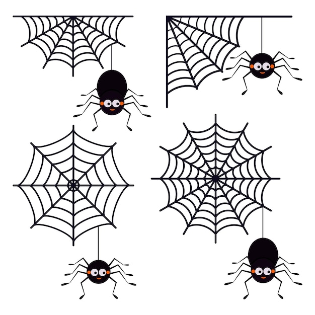 Vector set of different cute smiling black spiders hanging on a string of cobwebs with spederwebs icon isolated on white background