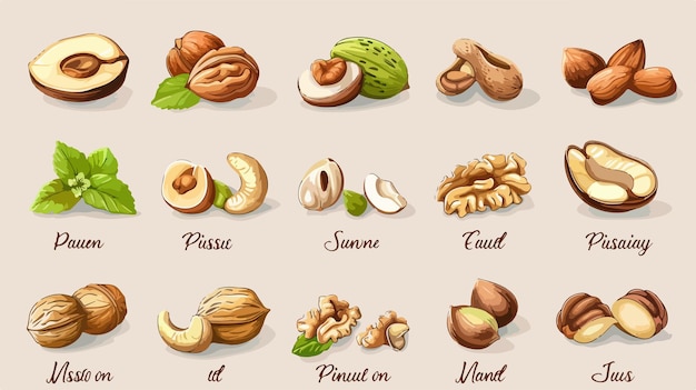 Vector vector set of different nuts with names