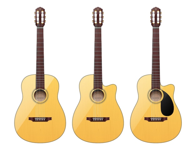 Vector set of different shape realistic classical acoustic guitars isolated on a white background