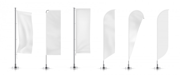 Vector set of  different types white waving advertisement  banner flag.  Vector mock-up. 