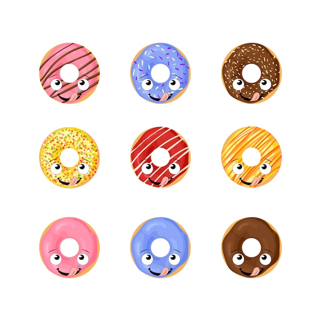 Vector set of donuts with funny faces isolated on white background donuts lick icing