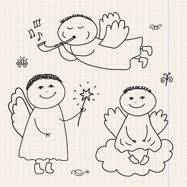 Vector set of doodle hand drawn christmas cartoon angels