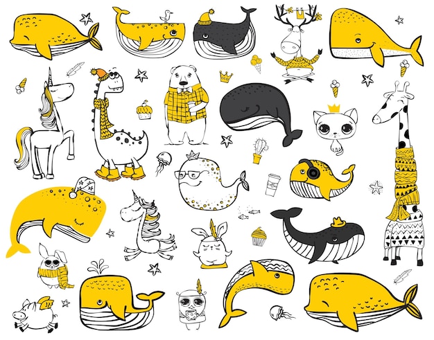 Vector vector set of doodle hipster animals perfect for greeting cards design tshirt prints and kids posters