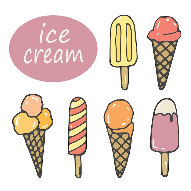 Vector set of doodle ice cream. Hand-drawn ink clip art